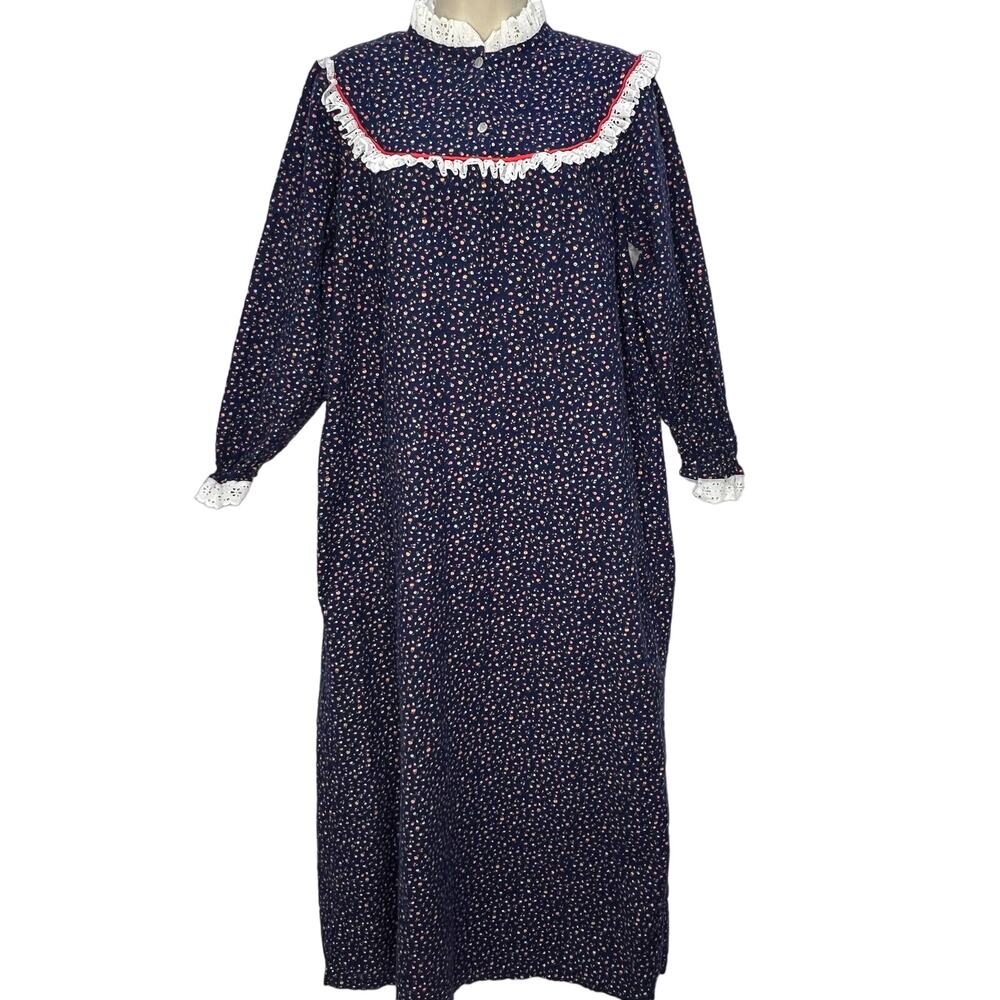 Vintage Texsheen Blue Floral Nightgown Prairie Ruffle Size M Maxi Long Sleeve